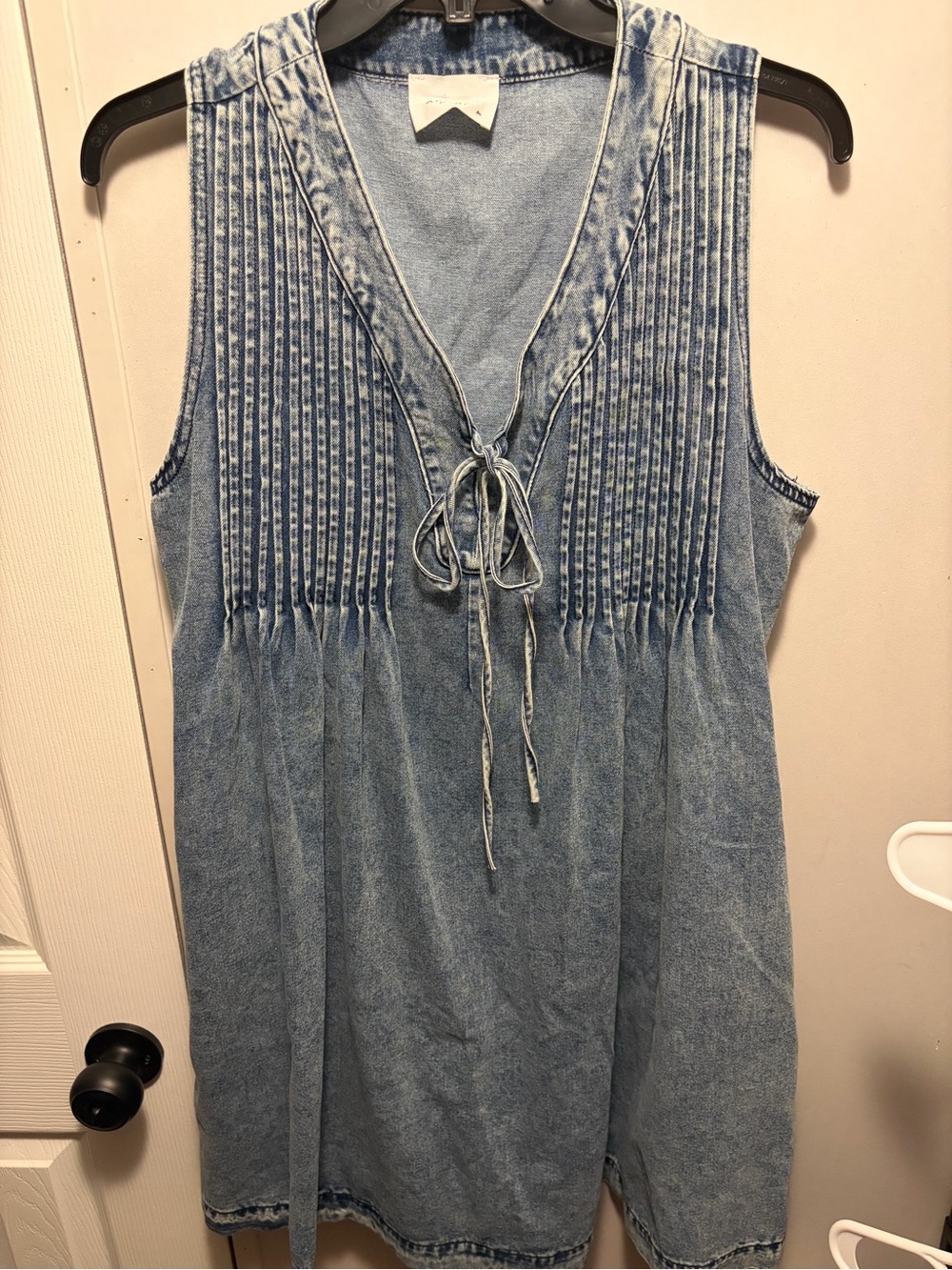 Sleeveless Light Wash Denim Pintuck Tie-Front Dress